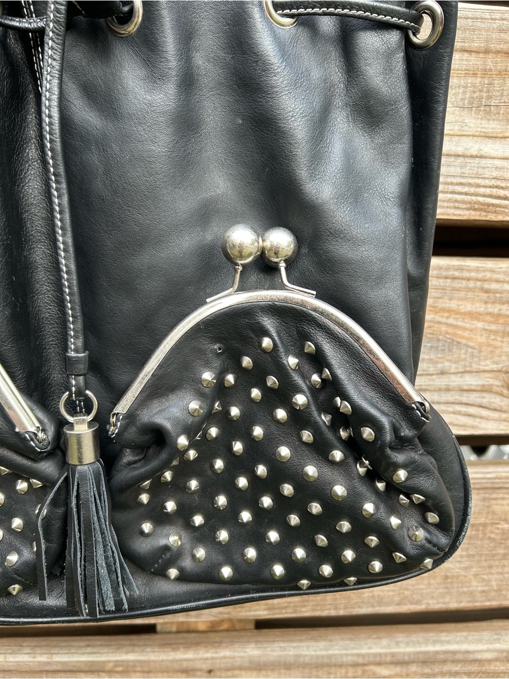 Vintage Y2K Studded Heart Black Leather Betsy Johnson Bag - Picture 6 of 8